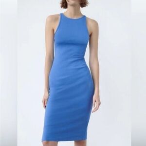 Zara Ribbed Blue Sleeveless Midi Dress